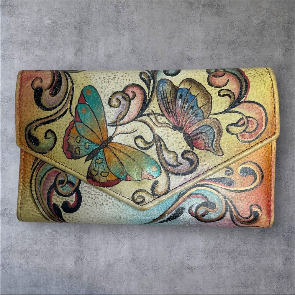 Anuschka Hand Painted Leather Envelope Flap Organizer Wallet Butterflies Floral
